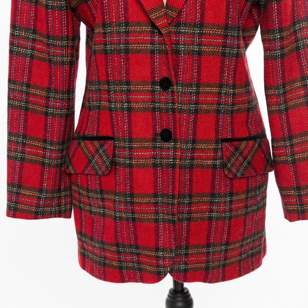 Vintage wool tartan plaid blazer with black velvet trim & buttons M - Picture 7 of 16